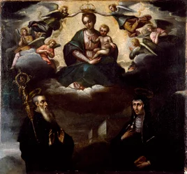 La Virgen tiene al Niño con San Benito de Nursie y su hermana Sainte Scolastique (Escolástica), fundadora de la Orden de los Benedictinos Pintura anónima. Abadía de Monte Cassino, Italia