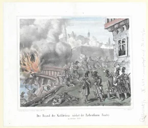 El incendio del Nothbruecke cerca del bastión Rothenthurm en octubre de 1848