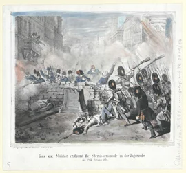 Los militares del k. k. asaltan la Sternbarrickade en la Jaegerzeile el 28 de octubre de 1848