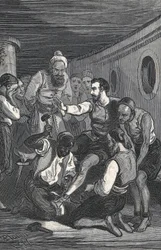Los trinitarios Fray Juan Gil y Fray Antón de la Bella liberan a Cervantes de su cautiverio en Argel en 1580 (grabado)