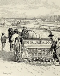REINO UNIDO. INGLATERRA. Revolución industrial. Máquina perforadora inventada por Jethro Tull. Siembra de cebada en febrero. Dibujo de Gunning King publicado en "The Illustrated London News". Grabado.