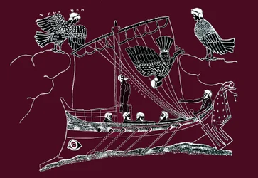 Ulises y las sirenas intentan atraer el barco de los marineros. Ulises se sujeta a la estera de su barco y se lleva a la boca las orejas de sus compañeros. Dibujo de una pintura sobre jarrón.
