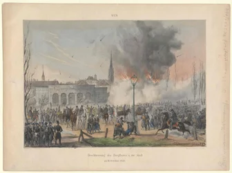Bombardeo vienés de la puerta del castillo y de la ciudad el 31. de octubre de 1848