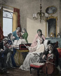 Wolfgang Amadeus Mozart (1756-1791) moribundo, dirige a un grupo de músicos para el Réquiem que acaba de terminar (Mozart (1756-1791) en sus últimos días dirigiendo a un grupo de músicos para el Réquiem)