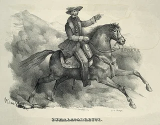 ZUMALACARREGUI, Tomás (1788-1835). General carlista. España. Primera Guerra Carlista. Zumalacarregui montando a caballo. Grabado.