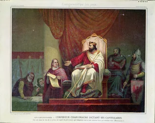 Carlomagno (742-814) promulgando el capitulario de Herstal en 779, grabado por Eugène Ronjat, hacia 1860-80
