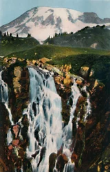 Cascada Myrtle y Monte Rainier, c1916