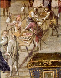 Plaza del tribunal de la Vicaria en Nápoles en tiempos de la revolución de Masaniello. Unos delincuentes son juzgados ante la entrada - detalle que representa a vendedores de pescado. Ascanio Luciani (ca. 1621-1706). Nápoles, Museo Nazionale di San Martino