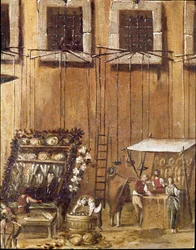 Patio del tribunal de la Vicaria en Nápoles durante la revuelta de Masaniello. Unos criminales son juzgados ante la entrada. Detalle que representa a vendedores de pan y pescado, Ascanio Luciani (ca. 1621-1706), Nápoles, Museo Nazionale di San Martino