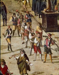 Plaza del tribunal de la Vicaría en Nápoles durante la revolución de Masaniello. Unos criminales son juzgados ante la entrada - Detalle que representa a un grupo de condenados encadenados por el cuello - Ascanio Luciani (h. 1621-1706). Nápoles, Museo