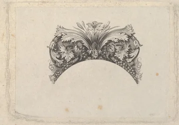 Elemento de enmarcado arqueado para billete, con hojas de acanto y vid, lirio y uvas..., ca. 1824-37