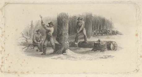 Viñeta de billete mostrando leñadores talando árboles en un bosque nevado, ca. 1824-37