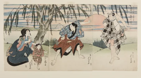 Actores Ichikawa Ebijūrō I como Ukisu no Iwamatsu (R), Arashi Kitsusaburō II como el campesino Jōsaku (C), Arashi Kitsuzō como Jōkichi, y Sawamura Kunitarō II como la esposa de Jōsaku, Okinu (L)