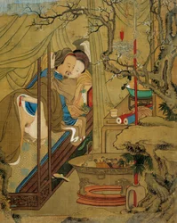 Arte asiático: escena erótica. Una pareja durante el acto de amor en una cama. Pintura sobre seda del siglo XVIII. Colección privada