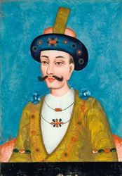 Pintura inversa sobre vidrio de un noble con turbante, de India o China para el mercado indio