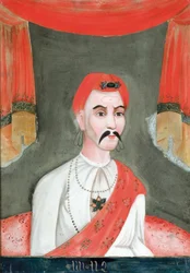 Pintura inversa sobre vidrio de un noble indio, de India o China para el mercado indio