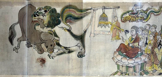 El triunfo de Sariputra sobre los herejes. El sabio Sariputra demuestra la superioridad del budismo mostrando un león a través de un prodigio: el cervatillo devora un toro que un mago hereje ha traído a la luz