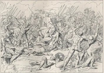 Guerra del Peloponeso: La batalla de Potidea (La battaglia di Potidea) donde el filósofo griego Sócrates salvó la vida en Alcibíades. (Grabado d