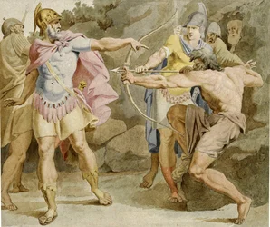 Filoctetes apunta a Ulises con el arco de Hércules - Obra de Asmus Jacob Carstens (1754-1798), tinta y acuarela sobre papel (49,5x58,5 cm)