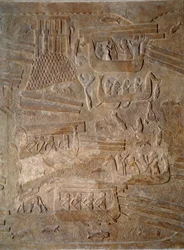 Arte Mesopotamia (Asiria): patio del palacio del rey de Asiria Sargón II (721 - 705 a.C.) transporte de madera de cedro desde el Líbano