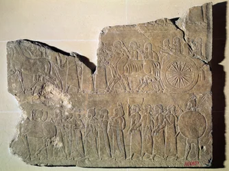 Fragmento de relieve que representa una procesión de prisioneros de guerra, procedente del palacio de Asurbanipal en Nínive (piedra).