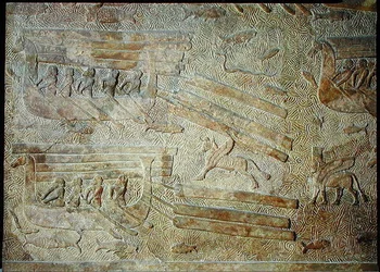 Relieve que representa barcos transportando madera, del Palacio de Sargón II, Khorsabad, Irak