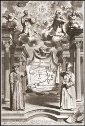 Adam Schall (izquierda) y Matteo Ricci (derecha) con traje mandarín chino, frontispicio de "China" de Athanase Kircher