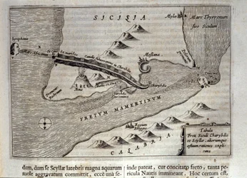 Representación cartográfica de «Caribdis» y «Escila» en el estrecho de Mesina, Sicilia. Grabado de «Mundus Subterraneus» de Athanasius Kircher (1601-1680), jesuita, orientalista y erudito, 1682