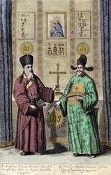 Retrato de Matteo Ricci (izquierda), jesuita italiano y Paul Ly, gran propagador de la fe cristiana en China, grabado de “De China monumenta” por Athanasius Kircher (1601-1680), jesuita, orientalista y erudito alemán