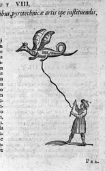 El filósofo griego Arquitas de Tarento (435-347 a. C.), filósofo pitagórico, matemático y astrónomo, y su paloma de madera capaz de volar. Grabado de «Mundus Subterraneus» de Athanasius Kircher (1601-1680), 1682