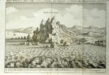 Vista de las rocas de Caribdis y Escila en el estrecho de Mesina, Sicilia. Grabado de 