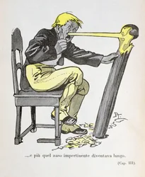 La nariz de Pinocho empezó a crecer mientras Gepetto seguía esculpiendo su figura", ilustración de Pinocho, de Carlo Collodi (1826-90), 1935 (litografía en color).