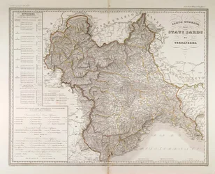 Estados sardos en tierra firme. Mapa de Attilio Zuccagni-Orlandini, extraído del Atlas Geográfico de los Estados Italianos, Florencia, grabado sobre cobre