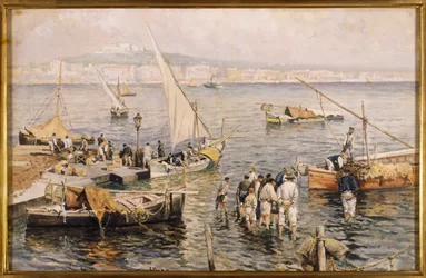 Puerto deportivo con pescadores (acuarela)