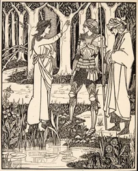 La Dama del Lago habla a Arturo de la espada Excalibur,1894 (grabado)