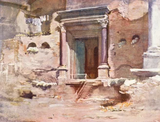 Roma: Puerta del Templo de Rómulo, Foro (litografía en color)