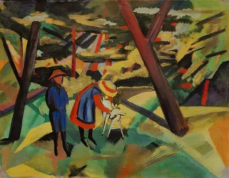 Niños con cabra en el bosque