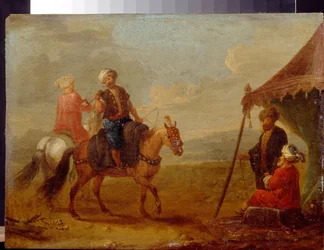 Jinetes turcos - Pintura de August Querfurt (1696-1761), óleo sobre madera