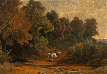 Paisaje otoñal con un carruaje tirado por caballos