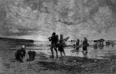 Gran marea en el Canal (siglo XIX): pescadores de conchas en una playa. Grabado después de la pintura de Hagborg Auguste Wilhem Nikolaus (1852-1921/1925) en “The Illustrous World” n°1219 del 7 de agosto