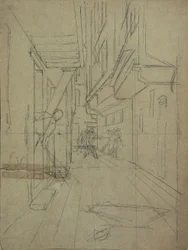 Boceto en perspectiva para "Pelea callejera en un callejón veneciano"