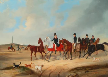 Cabalgata de jinetes con perros