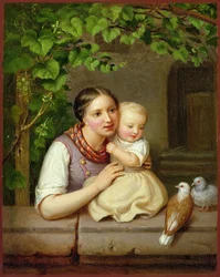 Madre con niño y dos palomas
