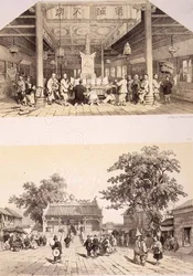 Interior del Templo de Buda y una Pequeña Plaza en los Suburbios de Cantón, láminas 25 y 26 de 