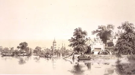 Templo, Pagoda y Pueblo en el Canal Macao-Cantón, lámina 22 de 