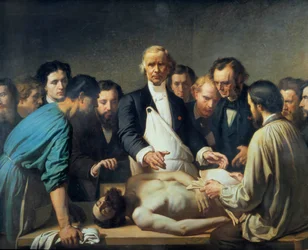 Doctor Alfred Velleau (1795-1867) en la Caridad procederá a una autopsia. Un doctor rodeado de sus estudiantes preparados para intervenir en un cadáver. Pintura de François Feyen Perrin (1826-1888). Siglo XIX. Tours, Museo de Bellas Artes