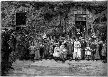 Victor Hugo (1802-1885) con los niños pobres de Veules en Caux (Veules-en-Caux) a quienes ofreció un banquete el 24 de septiembre de 1882. Grabado por Gerardin en "Le Monde Illustré" n°1333 del 14 de octubre de 1882.