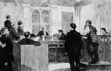 Bow Street Police Court Hall en Londres en 1884 (grabado)