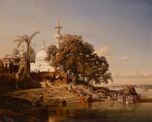 Una mezquita india junto a un río con peregrinos y un elefante (óleo sobre lienzo)