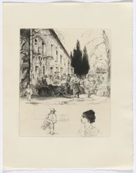 Frédéric Mistral: Mémoires et Recits de Frédéric Mistral: figuras en una mesa al aire libre/ hombre tocando el tambor y busto de mujer (insertar después de la p. 136)